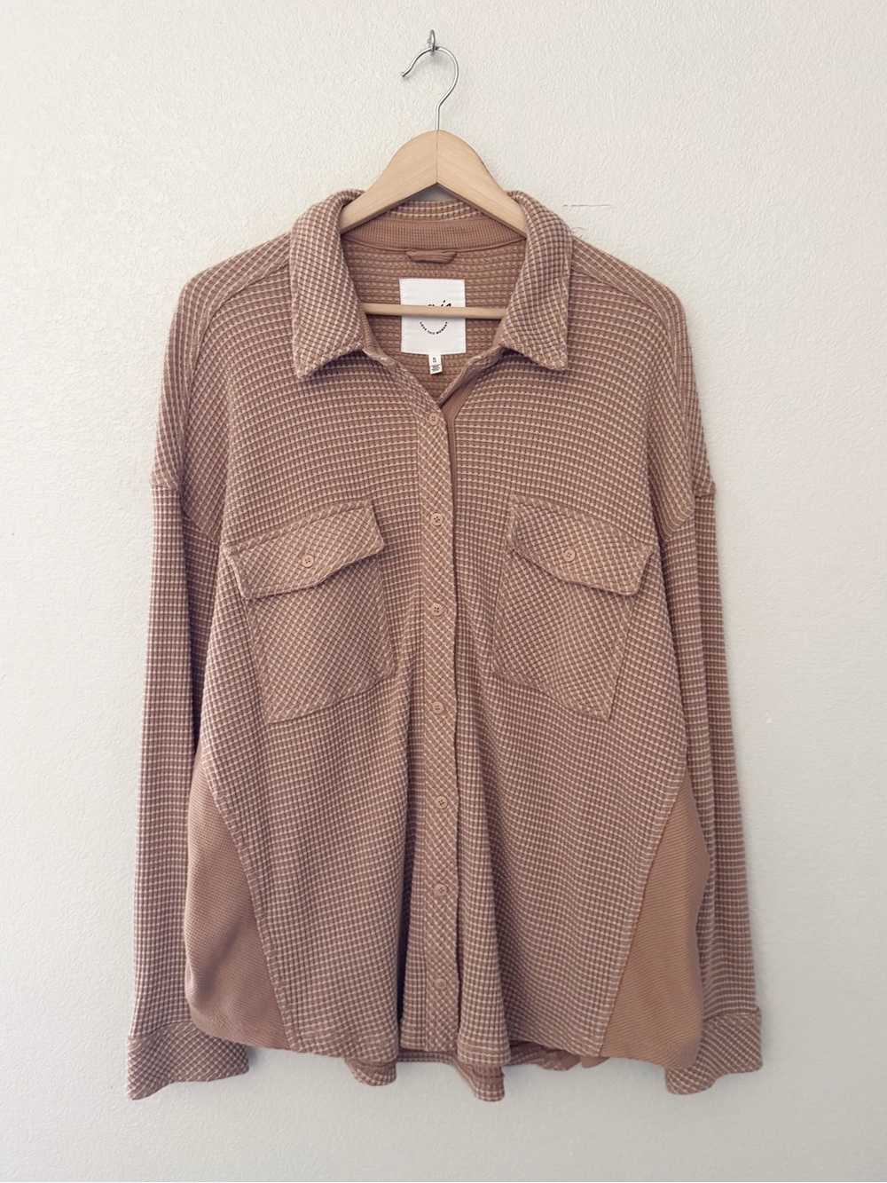 Aerie Lumber Jane Waffle Shirt Shacket XL Oversized Neutral Tan Thermal Minimal - Picture 6 of 13